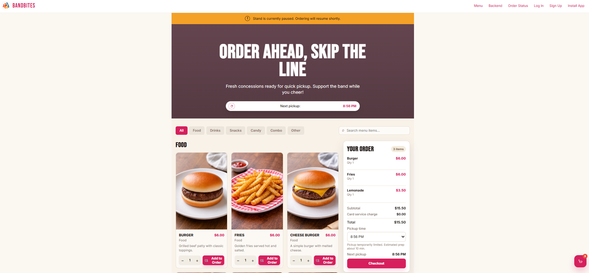 Full page screenshot of the remote concession ordering app